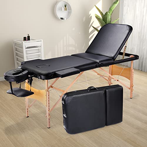 Mesa de masaje profesional ligera, portátil, 3 secciones, 84 pulgadas, cama ancha para pestañas de salón de spa, altura ajustable, marco de madera reforzada, cama facial plegable con bolsa de transporte, color negro