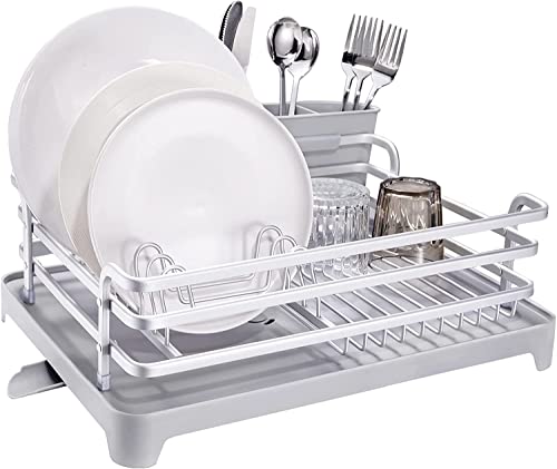 Escurridor de platos de aluminio, no se oxida, con soporte para utensilios, bandeja escurridora de plástico extraíble con boquilla giratoria ajustable (gris plateado)