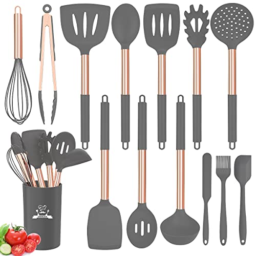 Juego de utensilios de cocina de silicona, juego de 14 utensilios de cocina antiadherentes resistentes al calor, utensilios de cocina con mango de acero inoxidable de cobre, pinzas giratorias, espátula, cuchara, sin BPA, no tóxico