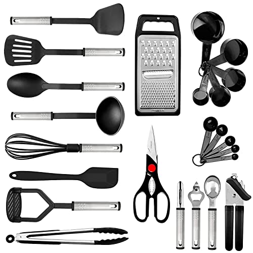 Juego de utensilios de cocina, 24pcs Utensilios de cocina de nailon y acero inoxidable, Antiadherentes y resistentes al calor, Juego de cocina con espátula, Accesorios útiles para ollas y sartenes y utensilios de cocina