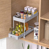 Organizador para debajo del fregadero, organizador de cesta deslizante de 2 niveles debajo del baño, estante de almacenamiento con ganchos, taza colgante, divisores, estante de almacenamiento multiusos para baño, cocina, gris