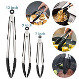 Pinzas de cocina, juego de 3-7, 9, 12 pulgadas, pinzas de cocina de acero inoxidable con puntas de silicona para barbacoa, cocina, ensalada, barbacoa, freír (Black)