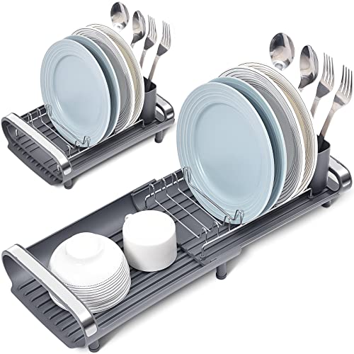 Escurridor de platos expandible, escurridor de platos compacto, escurridor de platos de acero inoxidable con soporte extraíble para cubiertos, estante de platos antioxidante, escurridor de fregadero pequeño para fregadero o encimera de cocina