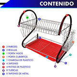 Escurridor de Trastes, Platos. 2 Niveles 16" 41 cm, Cromado Rojo, Charola Inferior de escurrimiento