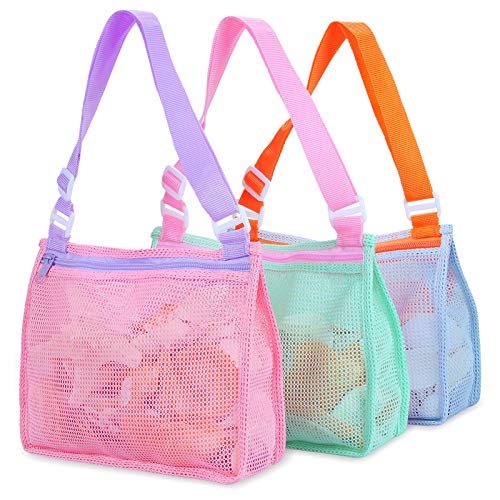 Bolsa de playa de malla para juguetes de playa, bolsa de recolección de conchas de playa para guardar conchas, juguetes de playa, juguetes de arena, accesorios de natación para niños y niñas (solo bolsas, un juego de 3)