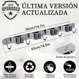 Organizador de Escobas,Salandens Porta Escobas Pared Acero Inoxidable, Colgador de Escobas y Trapeadores, con 4 Ganchos para Escobas 5 Ganchos de Utilidad, Soporte de Pared para Escobas(Gris)