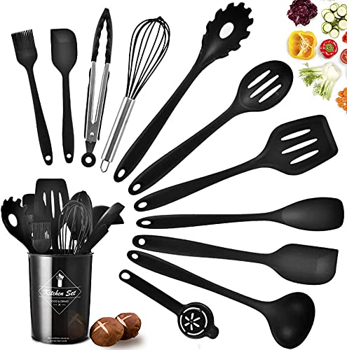 Juego de utensilios de cocina, juego de utensilios de cocina con soporte, utensilios de silicona para cocinar, juego de espátula de cocina para hornear antiadherente y resistente a altas temperaturas (12 P, negro)