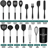 Umite Chef Juego de utensilios de cocina,15 utensilios de cocina de silicona con soporte,resistentes al calor, antiadherentes, sin BPA,mango de acero inoxidable, espátula, cuchara, pinzas, batidor, juego de utensilios de cocina(negro)