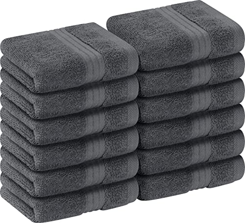 Juego de 12 paños de baño de lujo (12 x 12 pulgadas), 600 g/m², 100 % algodón, altamente absorbentes y suaves al tacto, para baño, spa, gimnasio y toalla facial (gris)