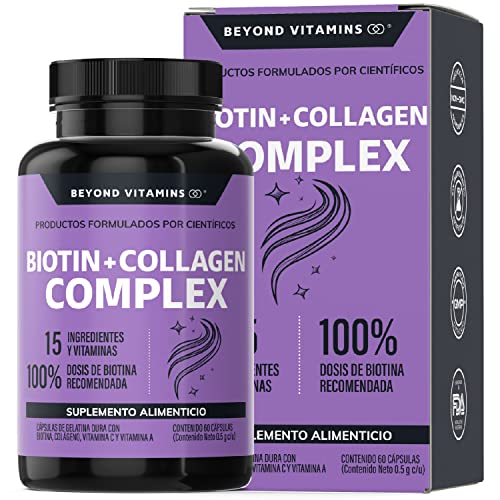 Biotina + Colágeno + 15 Ingredientes y Vitaminas - Cabello Piel Uñas - Suplementos formulados por científicos con alta potencia y absorción - 100% Dosis de Biotina Recomendada - Sin Gluten - Ingredientes NON GMO - Capsulas para 60 dias (60 cápsulas)