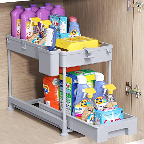 Organizador para debajo del fregadero, organizador de cesta deslizante de 2 niveles debajo del baño, estante de almacenamiento con ganchos, taza colgante, divisores, estante de almacenamiento multiusos para baño, cocina, gris