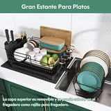 Escurridor de Trastes Acero Inoxidable para Mostrador de Cocina, Escurridor de Platos con Soporte para Copas de Vino, Estante para Cubiertos y Almohadilla de Secado Adicional (Negro)