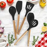 Juego de utensilios de cocina de silicona antiadherente con asas de madera de acacia auténtica, juego de utensilios de silicona de 5 piezas, juego de utensilios de cocina de silicona (negro)