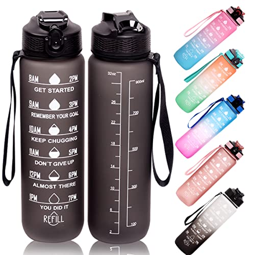 Botella de Agua Deportiva 1000ML, Botella de Agua de Gran Capacidad sin BPA, Botella Deportiva con Marcador de Tiempo para Gimnasio, Entrenamiento, Viajes, Oficina, Escuela (Negro)