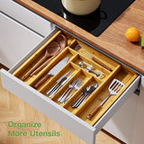 Organizador de cajones expandible de bambú para soporte de utensilios, bandeja de cubiertos ajustable, organizador de cajones de madera para cubiertos, cubiertos, cuchillos en cocina, dormitorio, sala de estar