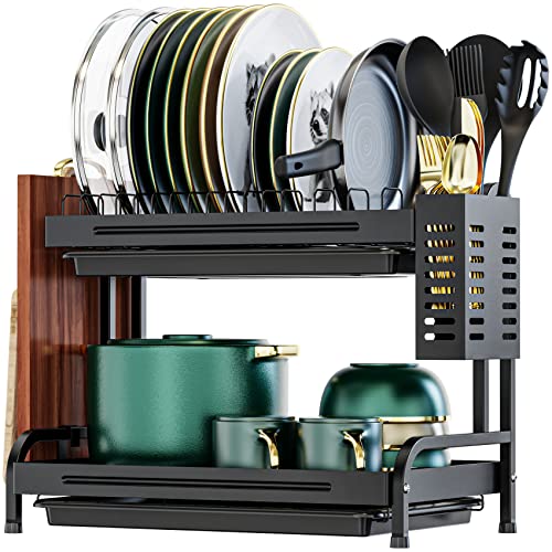 Escurridor de platos con escurridor de 2 niveles, escurridor de platos pequeño con soporte para tabla de cortar y soporte para utensilios de almacenamiento para encimera de cocina, ahorra espacio, color negro