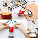 Juego de tazas y cucharas medidoras (10 piezas), taza y cuchara de acero inoxidable con asas de silicona suave, herramientas de cocina de metal apilable y accesorios para ingredientes secos y húmedos (rojo)