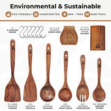 Utensilios de cocina de madera, juego de utensilios de cocina con soporte y soporte para cucharas, cucharas de madera de teca y espátula de madera para cocinar, utensilios de cocina antiadherentes naturales y saludables, juego duradero de 13 piezas