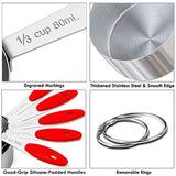 Juego de tazas y cucharas medidoras (10 piezas), taza y cuchara de acero inoxidable con asas de silicona suave, herramientas de cocina de metal apilable y accesorios para ingredientes secos y húmedos (rojo)