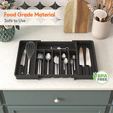 Organizador de cajones de cubiertos, bandeja extensible para utensilios de cocina, soporte ajustable para cubiertos y cubiertos, almacenamiento compacto de plástico para cucharas, tenedores, cuchillos, grande, negro