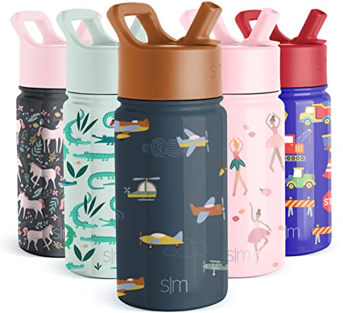 Simple Modern Botella de agua para niños con tapa de popote, vaso reutilizable de acero inoxidable aislado para niños pequeños, niñas y niños, colección Summit | 14 onzas, ruedas hacia arriba