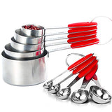 Juego de tazas y cucharas medidoras (10 piezas), taza y cuchara de acero inoxidable con asas de silicona suave, herramientas de cocina de metal apilable y accesorios para ingredientes secos y húmedos (rojo)