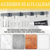 Organizador de Escobas,Salandens Porta Escobas Pared Acero Inoxidable, Colgador de Escobas y Trapeadores, con 4 Ganchos para Escobas 5 Ganchos de Utilidad, Soporte de Pared para Escobas(Gris)