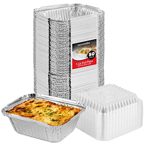 Sartenes de aluminio con tapas de plástico transparente (paquete de 50) sartenes de papel de aluminio de 0,5 kg – Contenedores de alimentos – 50 sartenes y 50 tapas – bandejas de papel de aluminio de 1 libra para sobras, llevar y llevar