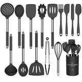 Umite Chef Juego de utensilios de cocina,15 utensilios de cocina de silicona con soporte,resistentes al calor, antiadherentes, sin BPA,mango de acero inoxidable, espátula, cuchara, pinzas, batidor, juego de utensilios de cocina(negro)