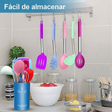 Juego de Utensilios de Cocina, 11pcs Utensilios de Cocina de Silicona con Soporte, Mango de Acero Inoxidable, Antiadherentes, Resistentes al Calor, Espátula Ranurada Cuchara Turner Tong Batidor Cepillo para Cocinar, Colorido