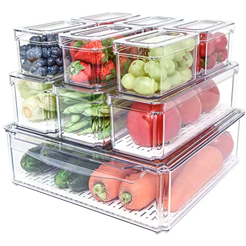 10 organizadores de nevera, apilables para refrigerador con tapas, contenedores de almacenamiento de frutas sin BPA para organizadores de nevera y almacenamiento transparente para alimentos, bebidas, almacenamiento de verduras