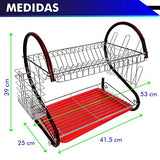 Escurridor de Trastes, Platos. 2 Niveles 16" 41 cm, Cromado Rojo, Charola Inferior de escurrimiento