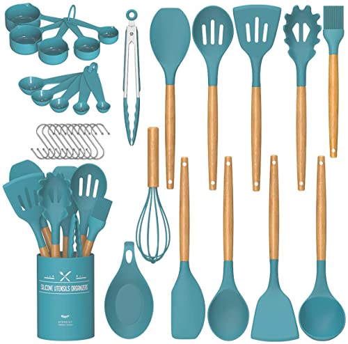 Umite Chef Juego de utensilios de cocina, 33 piezas de utensilios de cocina de silicona antiadherente con soporte, juego de utensilios de cocina de silicona (azul oscuro)