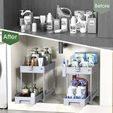 Organizador para debajo del fregadero, organizador de cesta deslizante de 2 niveles debajo del baño, estante de almacenamiento con ganchos, taza colgante, divisores, estante de almacenamiento multiusos para baño, cocina, gris