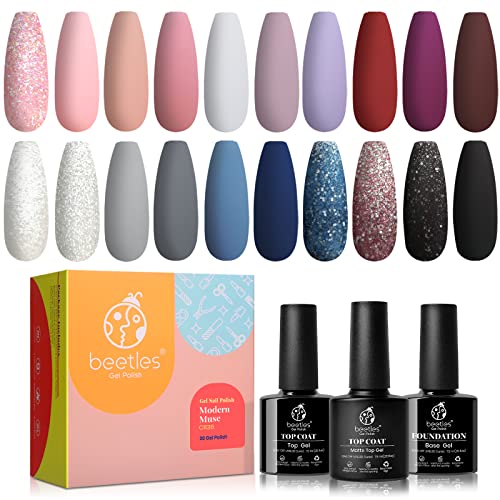 Beetles 20 Esmaltes en Gel, Colección Modern Muse Empapa Lámpara LED Esmalte de Uñas Gris Desnudo Kit de Inicio de Esmalte de Gel Con Purpurina Rosa y Azul Con Capa Superior y Capa Base Brillante y Mate