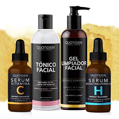 Kit 4 Pasos Quotidien: 1 Limpiador Facial 235 ml + 1 Tónico Facial 350 ml + 1 Serum Vitamina C 30ml + 1 Serum Ácido Hialurónico 30ml - Ingredientes Naturales - Limpia Profundamente, Equilibra el Ph, Cierra Poros, Aclara, Mejora la Textura, Firmeza, Tonifi