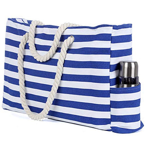 Bolsa de Playa Grande con Cremallera 22 x 15 x 6 Pulgadas Rayas marítimas Azul Blanco Shopper Bolsa de Hombro Bolsas de Transporte