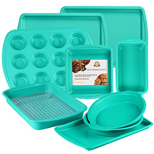 Juego de utensilios antiadherentes para hornear de 10 piezas con asas de silicona azul con sartenes para hornear, bandejas para hornear, bandejas para galletas, molde para magdalenas, pan, sartén para pizza y molde para tartas, apto para horno