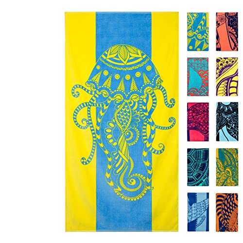 Nova Blue Toalla de Playa Jellyfish - Colores Azul Tropical y Amarillo con un diseño único, Extra Grande, XL (34