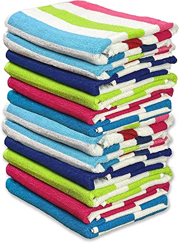 Toalla de playa grande de rizo – Diseño de rayas cabaña – Lavable a máquina – Suave y absorbente – Colores surtidos – 30 x 60 pulgadas – 12 unidades