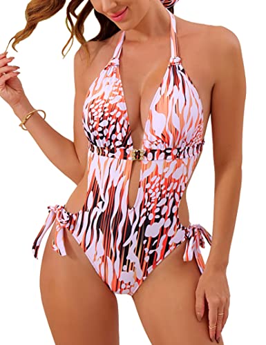 Trajes de baño de una pieza para mujer, con abertura en la espalda y los laterales, monokini halter, trajes de baño adelgazantes, Naranja, M