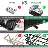 Escurridor de Trastes Acero Inoxidable para Mostrador de Cocina, Escurridor de Platos con Soporte para Copas de Vino, Estante para Cubiertos y Almohadilla de Secado Adicional (Negro)