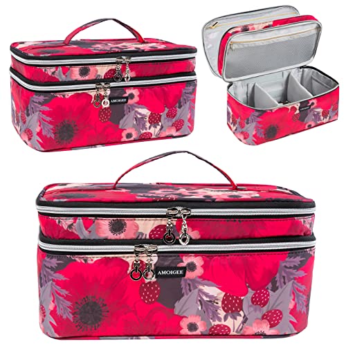 Bolsa de maquillaje grande, organizador de bolsas de maquillaje de viaje, bolsa de maquillaje de doble capa, bolsa de aseo para brochas de maquillaje, botellas de tamaño completo, paletas de esponja, organizador de cosméticos, Rojo (Large-Red), Large