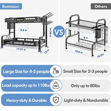 Escurridor de platos de 2 niveles, escurridor grande de acero inoxidable 304 y escurridor con soporte para utensilios, portavasos y bandeja de agua, escurridor de platos para encimera de cocina, ahorro de espacio (negro)