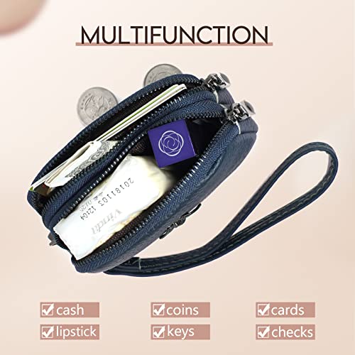 imeetu Monedero Mujeres, Cartera de Cuero Impermeable , Billetera de Bolsillo con 2 Cremallera, Monedero de Abeja Pequeña y Exquisita, Azul