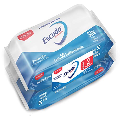 Escudo Antibacterial, Toallitas Húmedas Antibacteriales Para Manos, 100 Piezas (2 paquetes de 50 toallitas c/u)