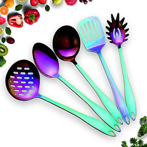 Juego de utensilios de cocina de acero inoxidable - 5 utensilios de cocina, juego de utensilios de cocina antiadherente de color arco iris, juego de baño de titanio plateado colorido, utensilios de cocina