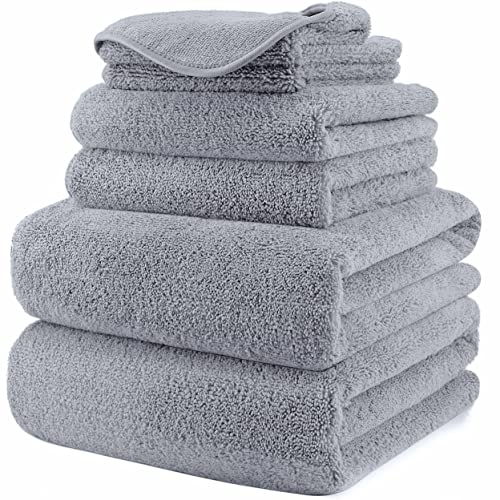 Juego de Toallas de baño de Microfibra Felpa y antipelusa - Secado rápido - Pack de 6 (Gris)