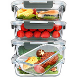 Recipientes de vidrio para preparación de comidas con tapas de bloqueo a presión de por vida, recipientes de vidrio para alimentos, recipiente hermético para almuerzo, microondas, horno, congelador y lavaplatos (4.5 tazas)