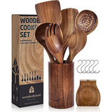 Utensilios de cocina de madera, juego de utensilios de cocina con soporte y soporte para cucharas, cucharas de madera de teca y espátula de madera para cocinar, utensilios de cocina antiadherentes naturales y saludables, juego duradero de 13 piezas